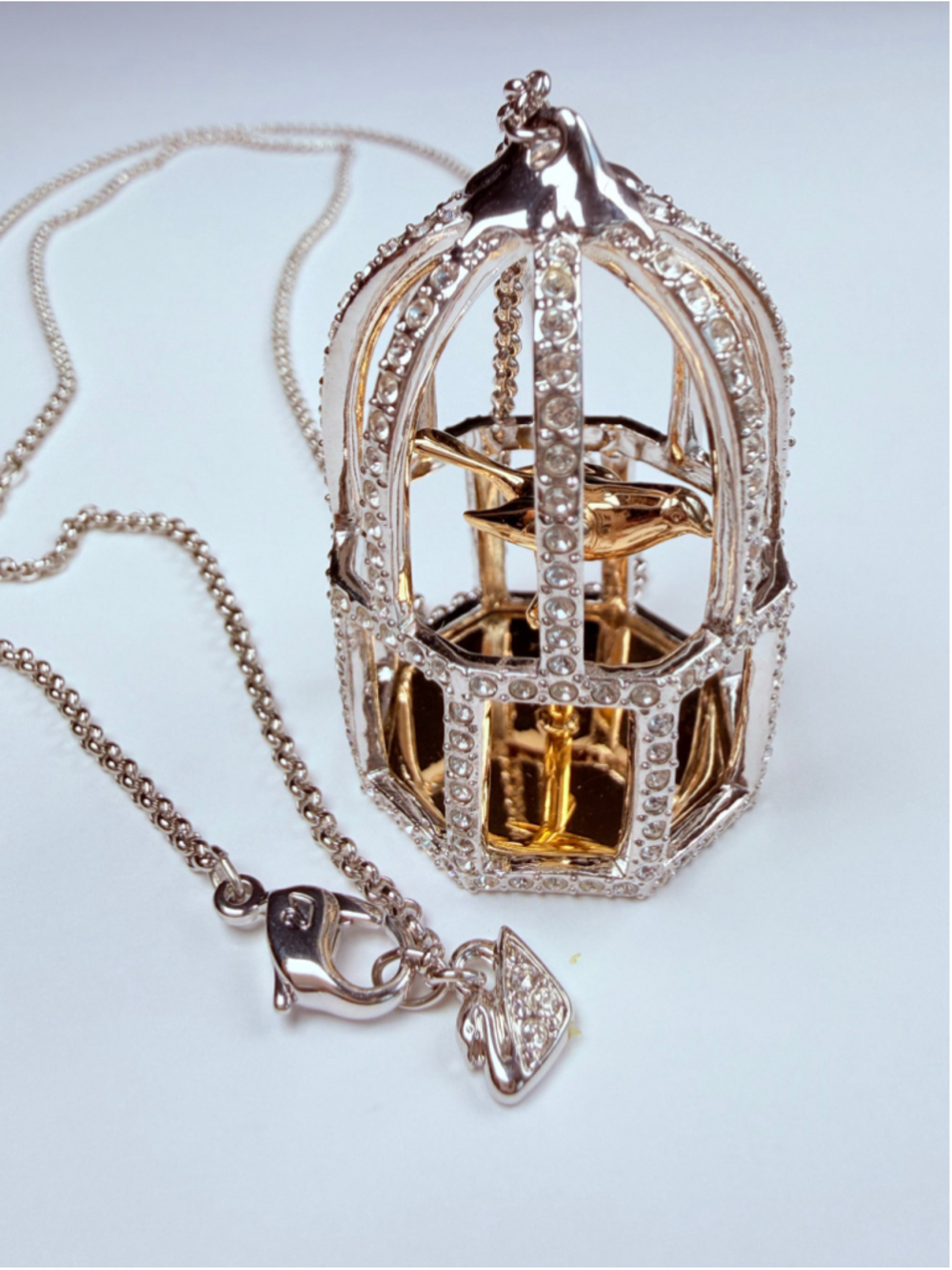 Swarovski XL Bird in BirdCage White Crystal Two Tone Pendant Necklace 35.5” RARE